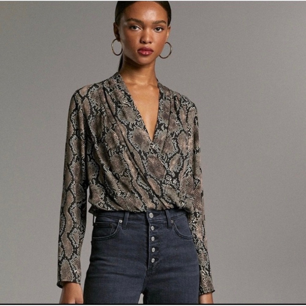 Babaton Aritzia Snake Print Surplice Long Sleeve Bodysuit Brown Black XS 73947